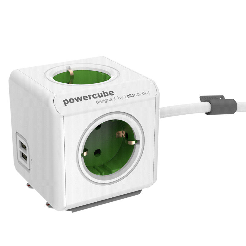 PowerCube Extended Duo USB - 1.5 meter kabel - Wit/Groen - 4 stopcontacten - 2 USB laders - NL\/DE (Type F)