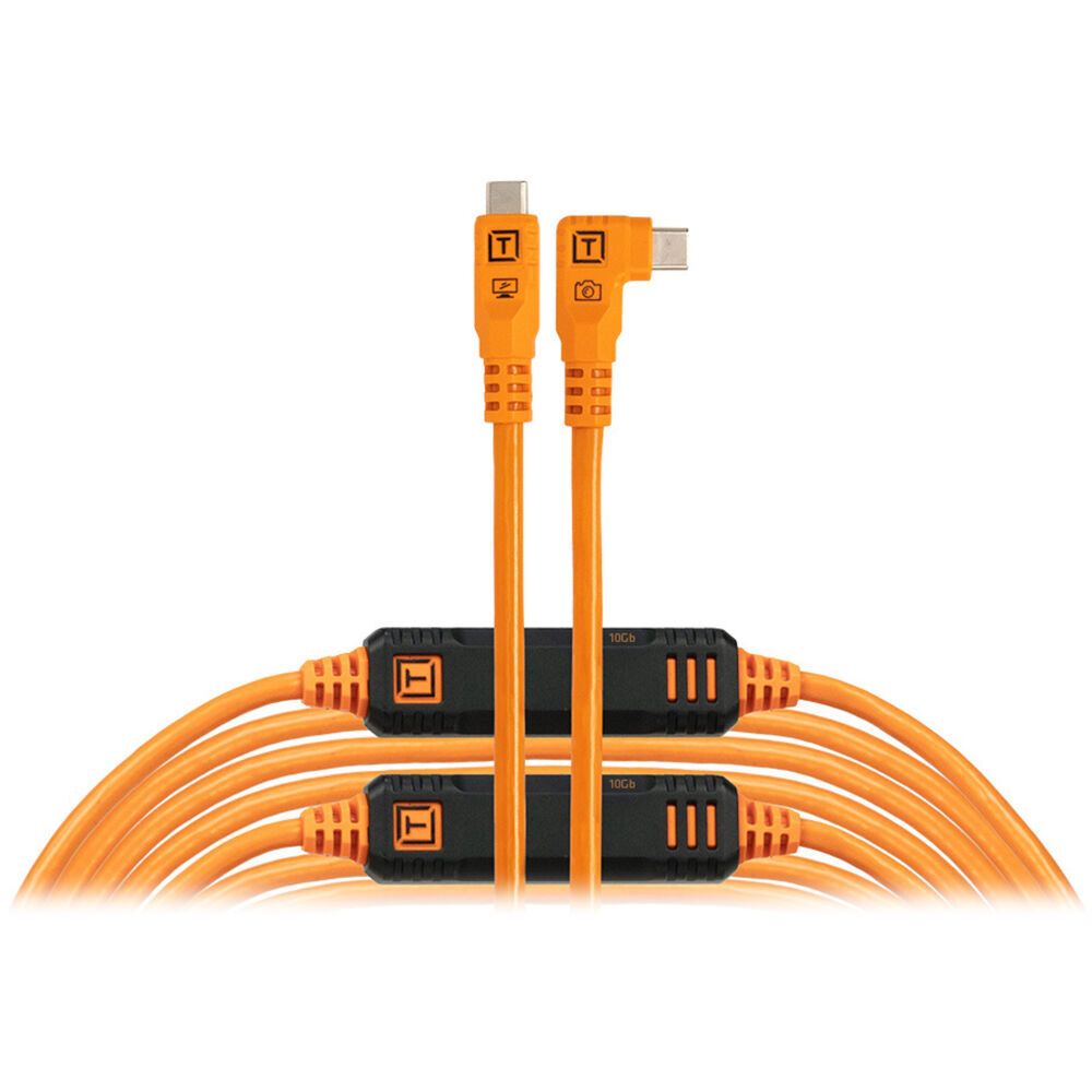 TetherTools TetherPro Optima 10G USB-C 31' (9.4m) Straight to Right, High-Visibility Orange