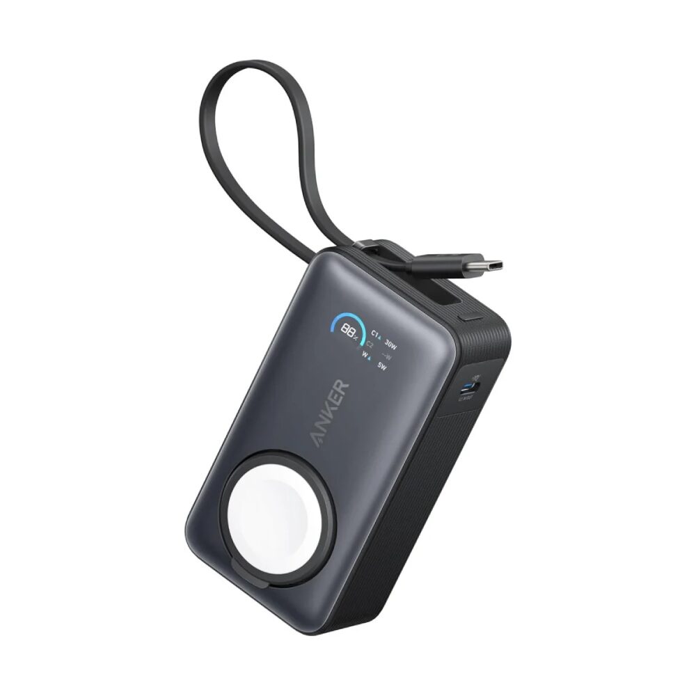Anker MagGo Powerbank voor Apple Watch, gecertificeerde batterij, draagbaar en compact met 10.000 mAh, geĂŻntegreerde USB-C-kabel, 35W max, voor iPhone 16/15, Samsung, iPad, AirPods en meer