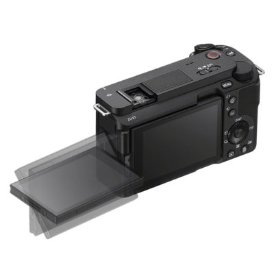 Sony ZV-E1 Content Creators camera Zwart + 20-70mm scherm uitgeklapt schuin achter bovenkant