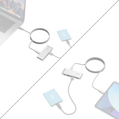 Toepassing van de SmallRig 4746 aangesloten op een laptop en tablet met een externe SSD