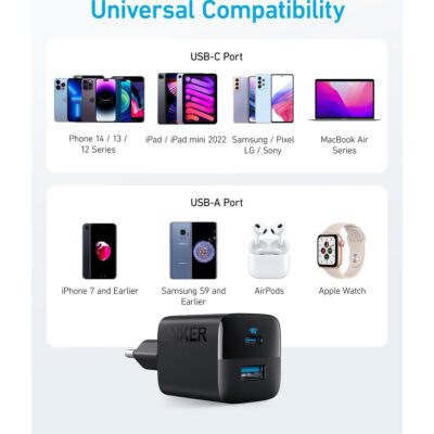 Anker 323 Snellader 33W Zwart met compatibiliteitsoverzicht voor USB-C en USB-A apparaten zoals iPhones, iPads, Samsung, AirPods en Apple Watch
