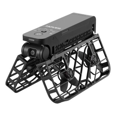 HoverAir X1 drone Combo Black rechtop staand op zijn propellerframes, klaar om te starten.